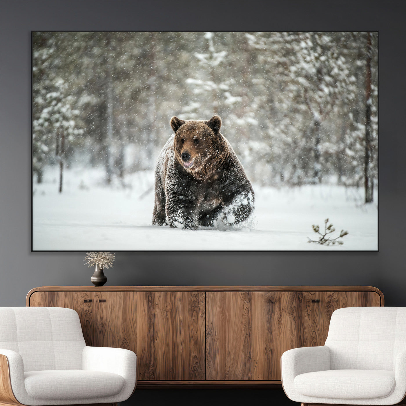 Grizzly Bear Wall Art – Framed Snowy Forest Canvas Artwork,