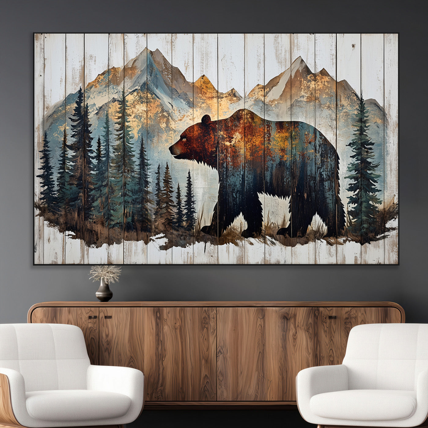 Rustic Grizzly 399 Bear and Mountain Wood Canvas Wall Art -