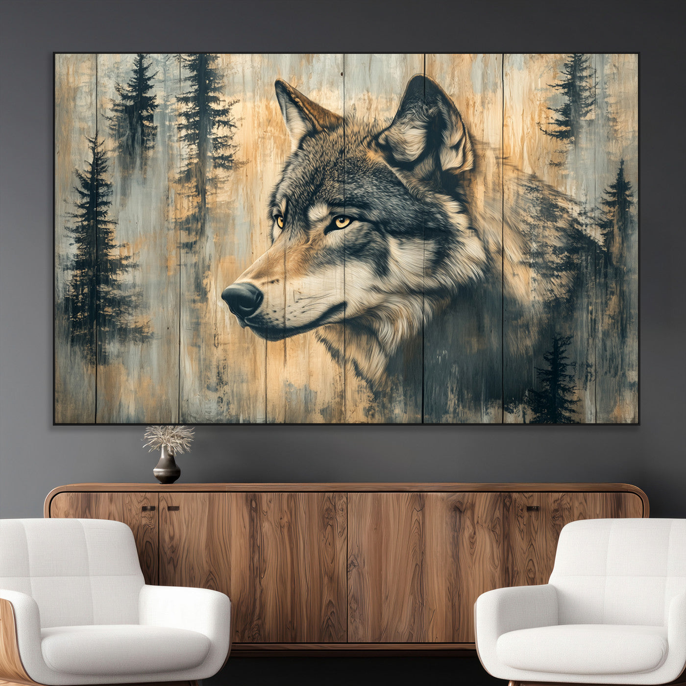 Wood Style Rustic Wolf Wall Art Canvas Print, Vintage