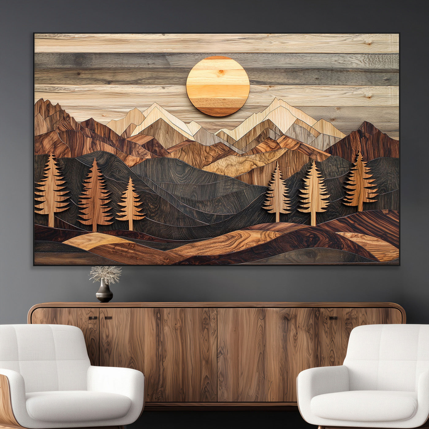 Wooden Mountain Layers Art – Rustic Pine Tree Landscape