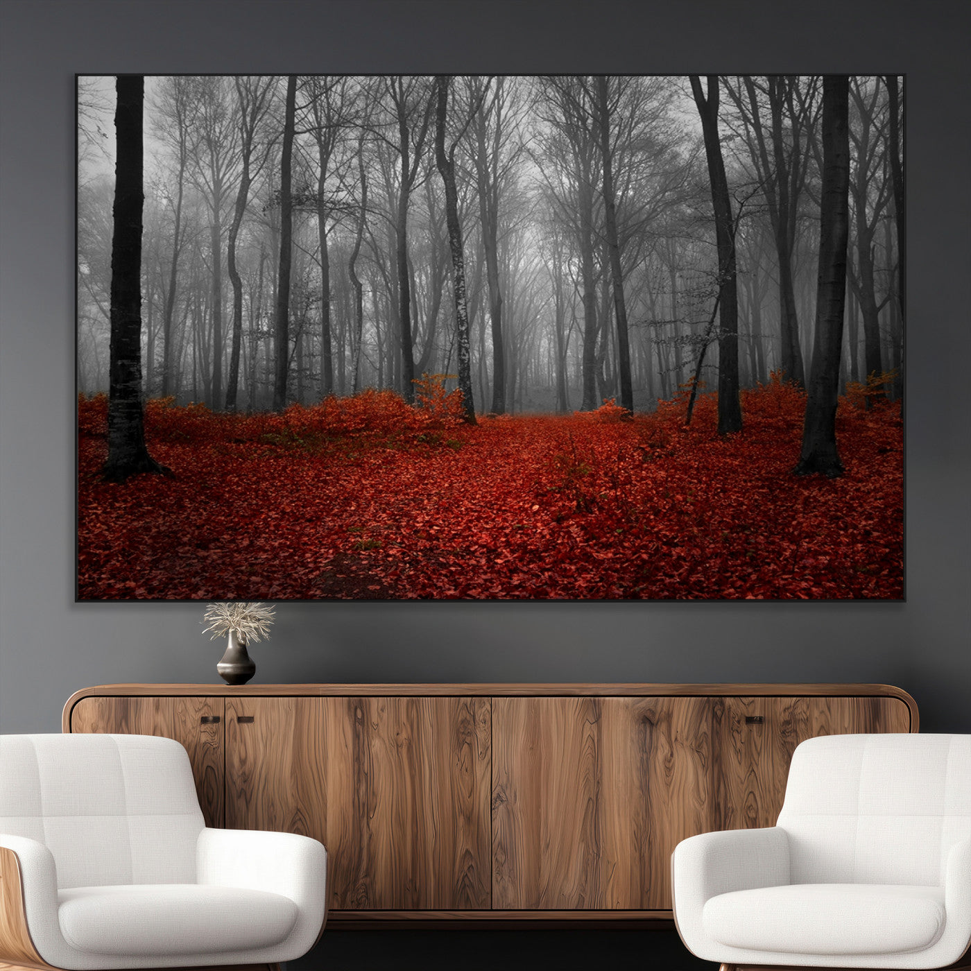 Red Forest Floor Canvas Wall Art – Mystical Foggy Woodland