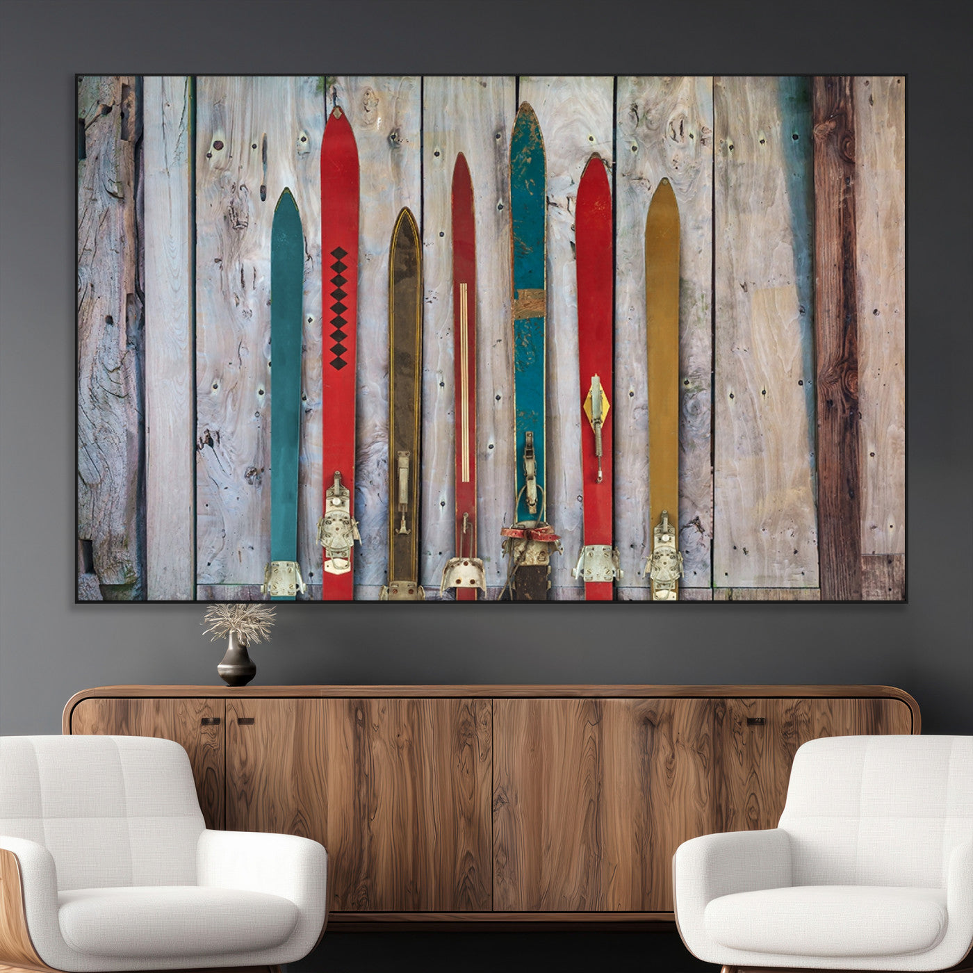 Vintage Wooden Weathered Ski's in Front of an Old Barn Wall