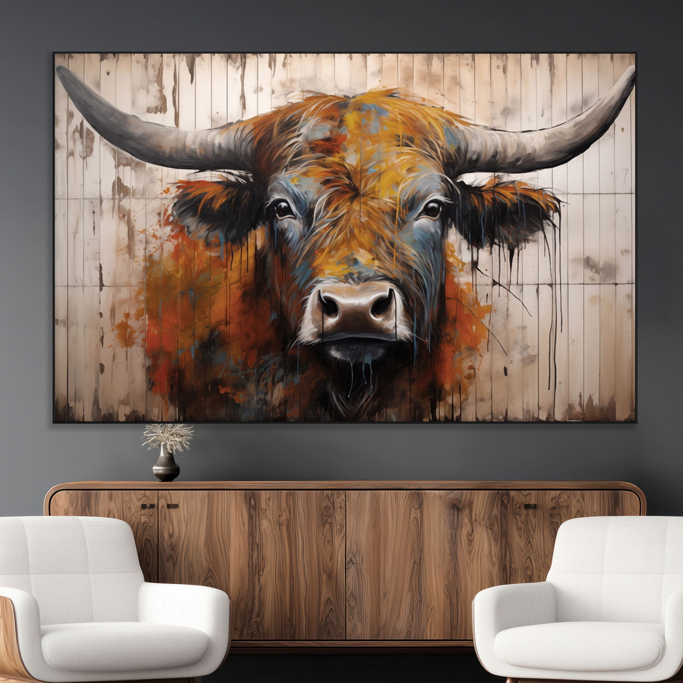 Scottish Highland Cow Cattle Art Print on Wood Style