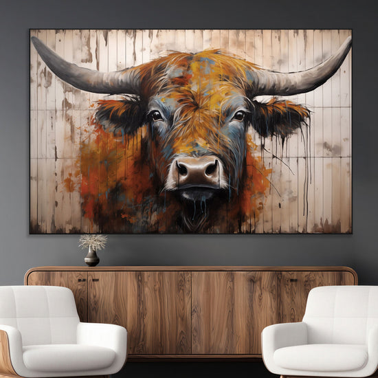 Scottish Highland Cow Cattle Art Print on Wood Style