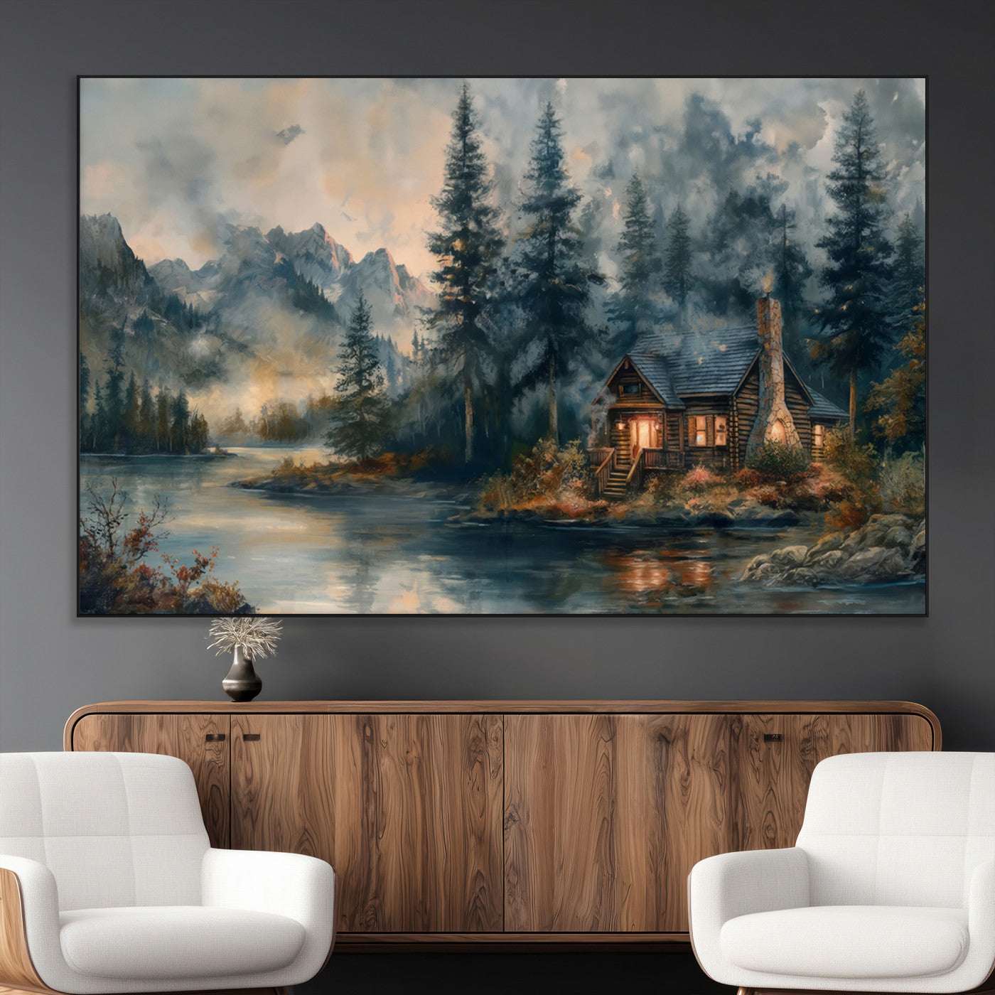 Rustic Cabin Woods Wall Art Print | Lake in a Forest Canvas
