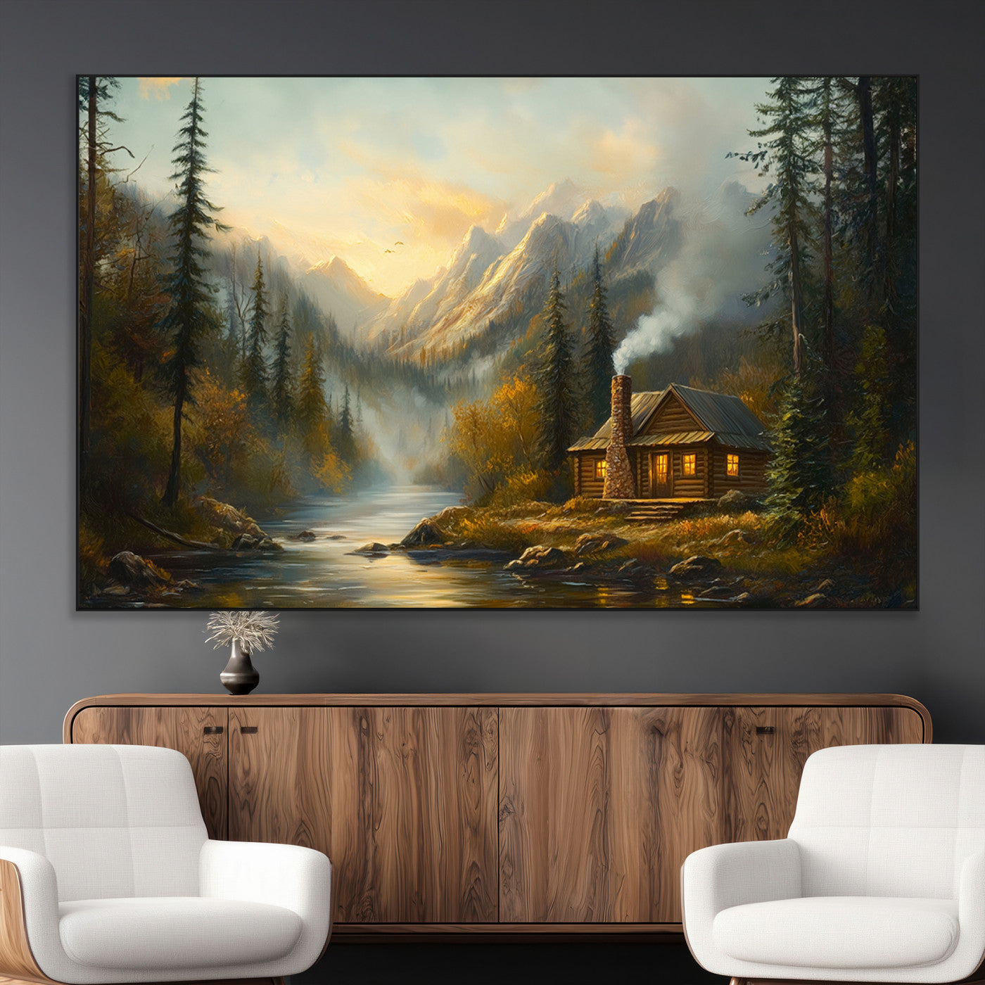 Wood Cabin Retreat Mountain at Sunset Wall Art Print -