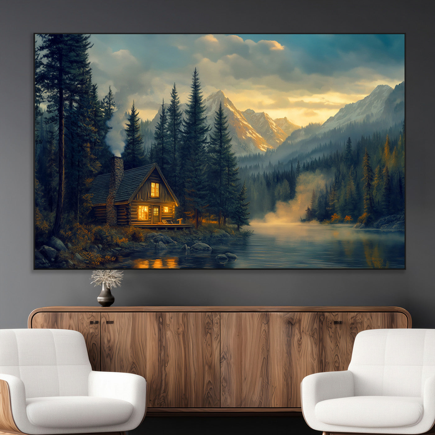 Mountain Cabin by the Lake at Sunset Wall Art - Serene