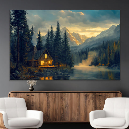 Mountain Cabin by the Lake at Sunset Wall Art - Serene