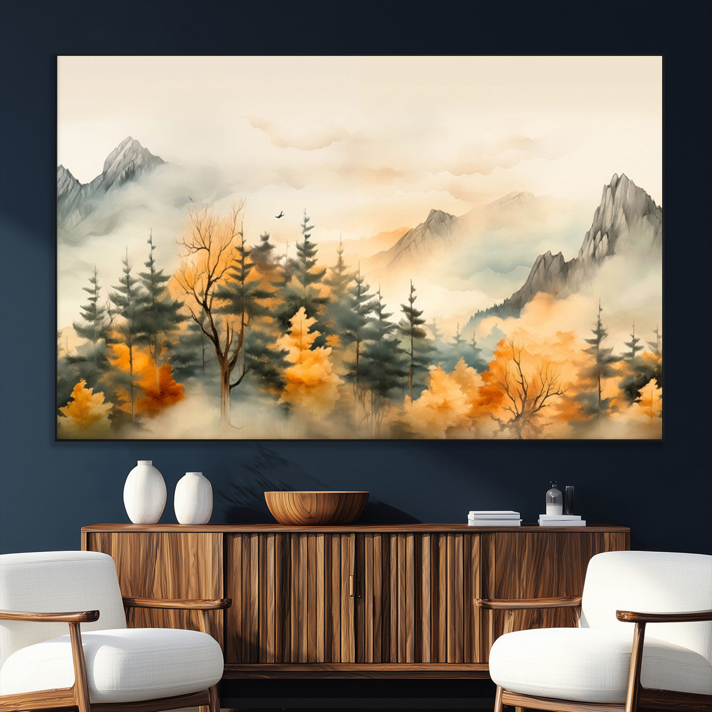Abstract Watercolor Mountains and Trees Autumn Art,