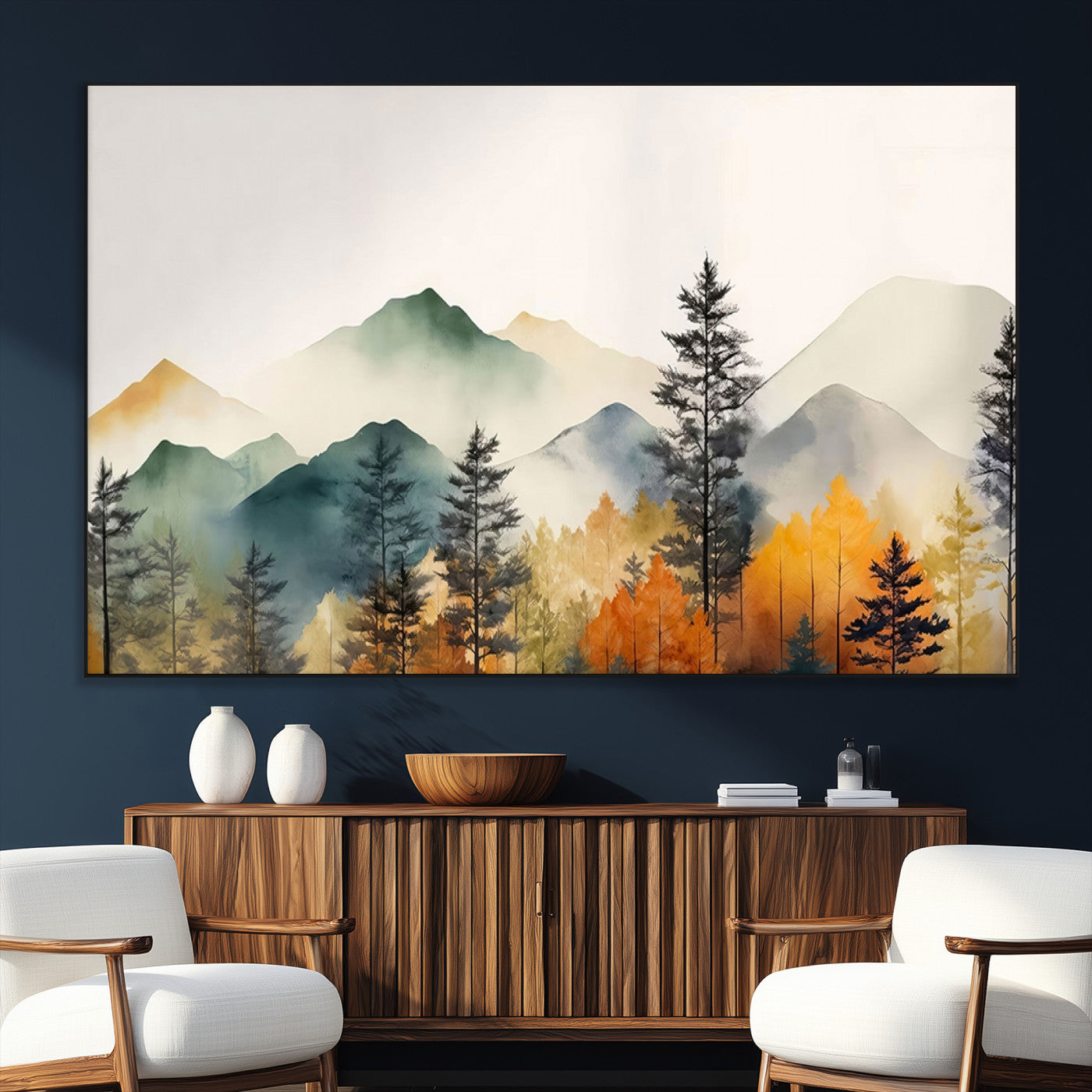 Abstract Watercolor Mountains and Trees Autumn Wall Art,