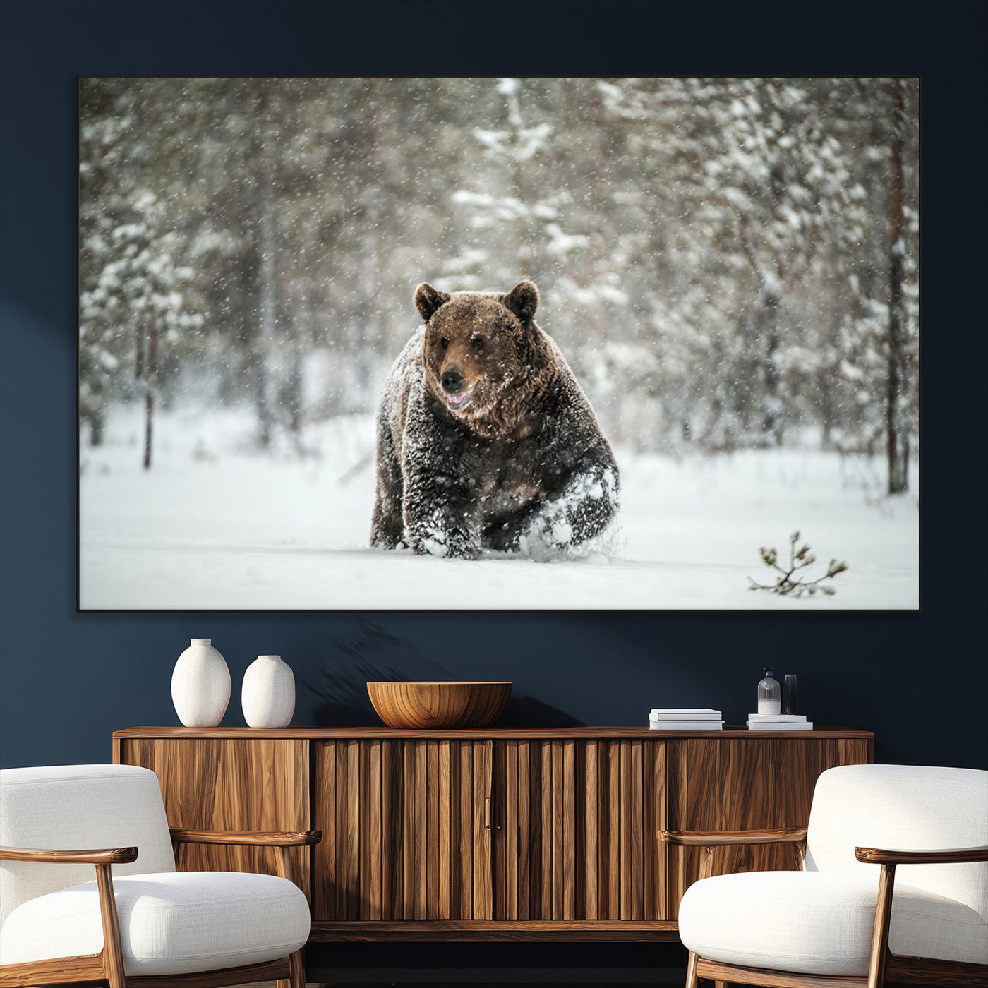Grizzly Bear Wall Art – Framed Snowy Forest Canvas Artwork,