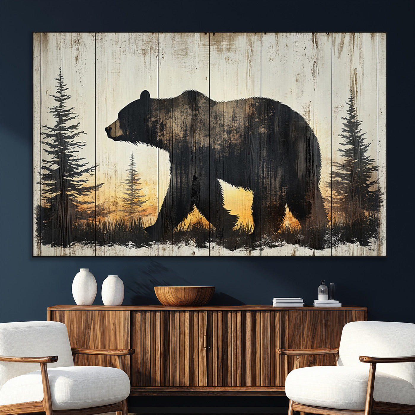 Vintage Bear Wall Art Canvas Print for Farmhouse - Mountain