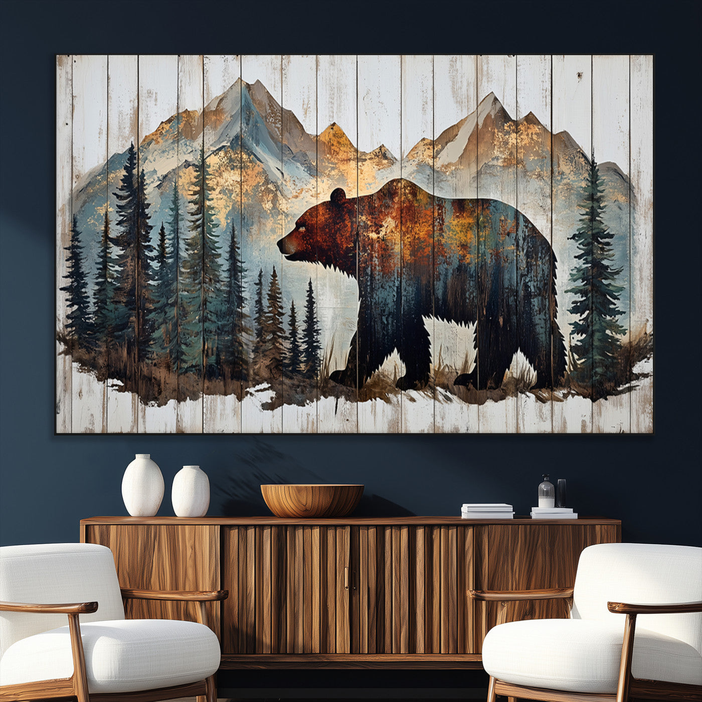 Rustic Grizzly 399 Bear and Mountain Wood Canvas Wall Art -