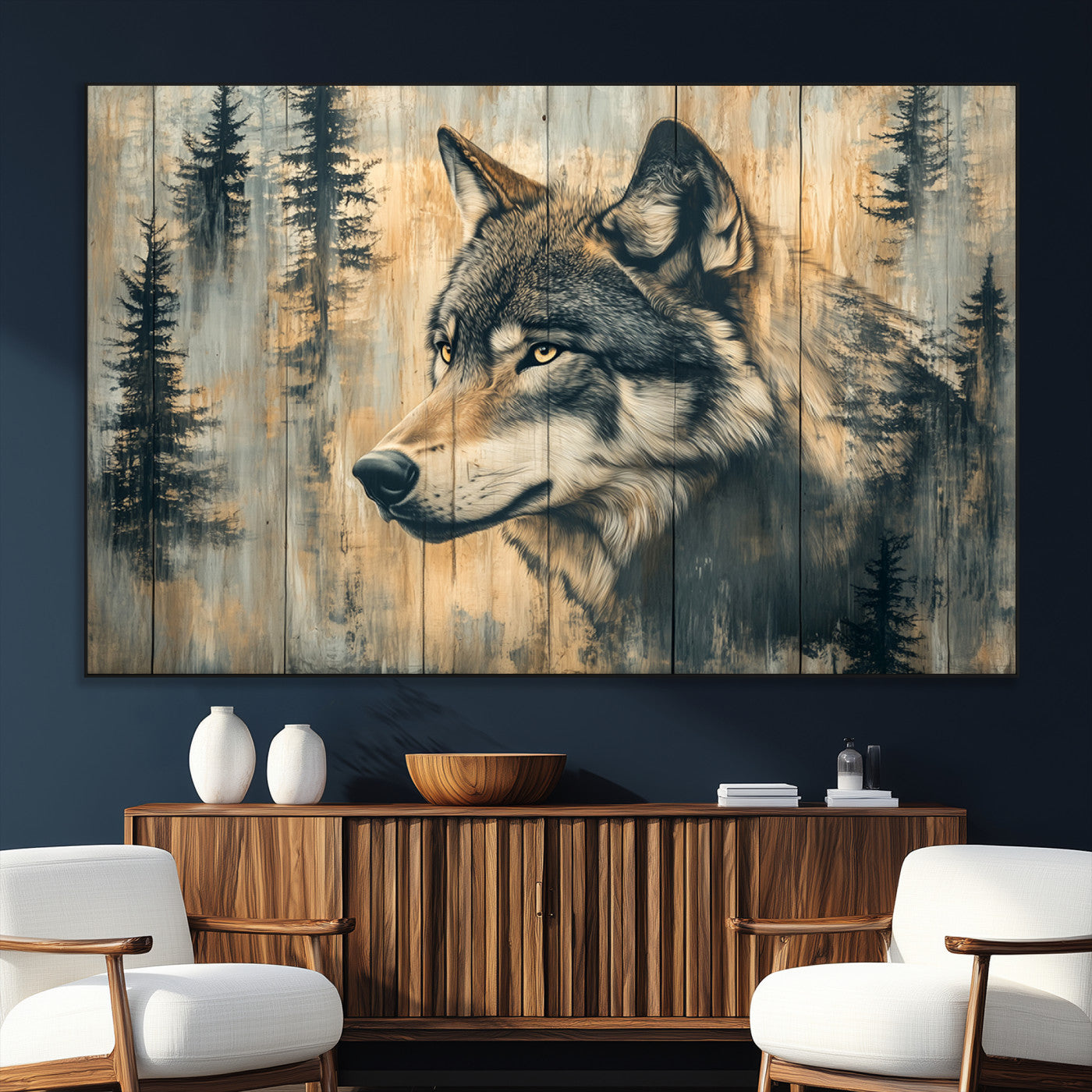 Wood Style Rustic Wolf Wall Art Canvas Print, Vintage