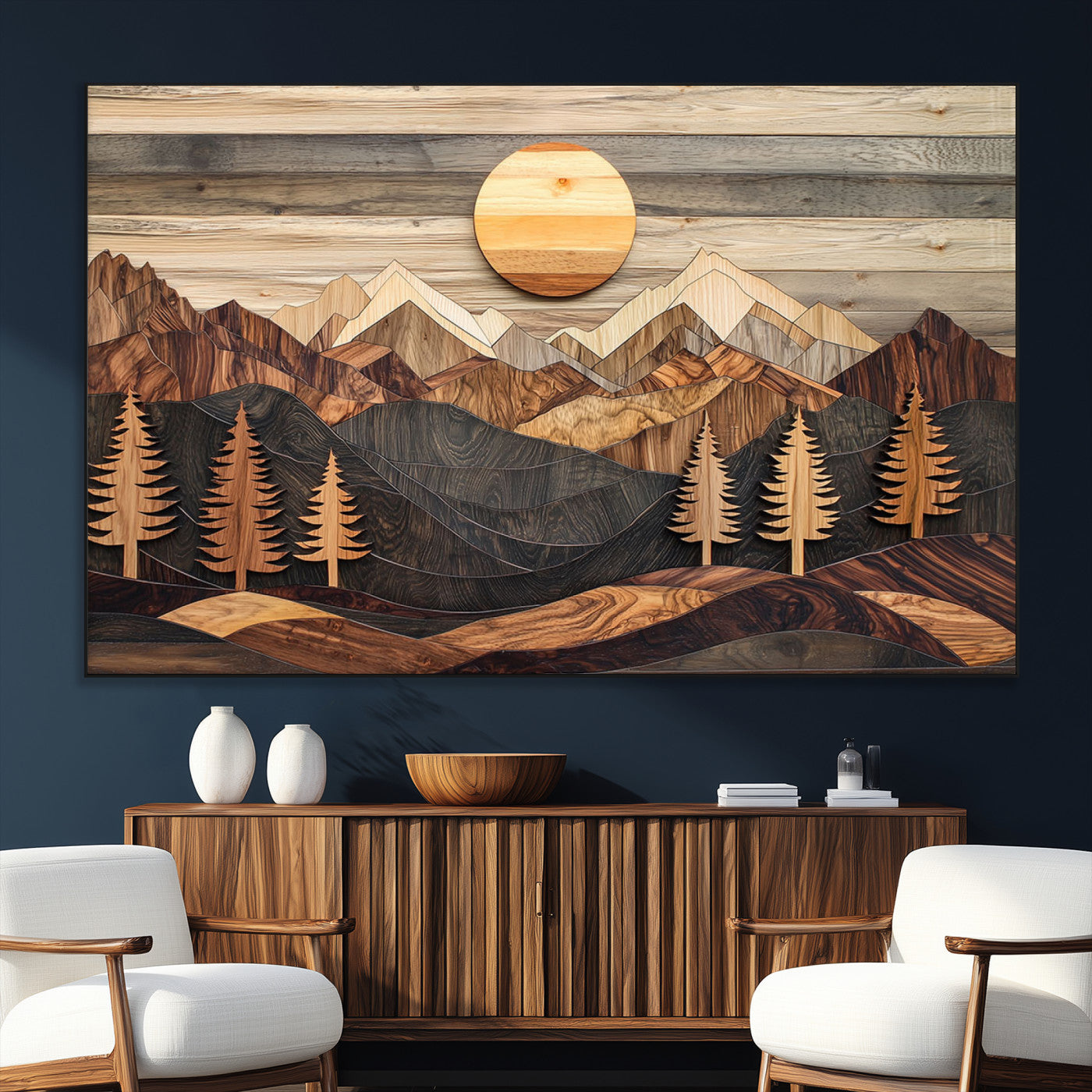 Wooden Mountain Layers Art – Rustic Pine Tree Landscape
