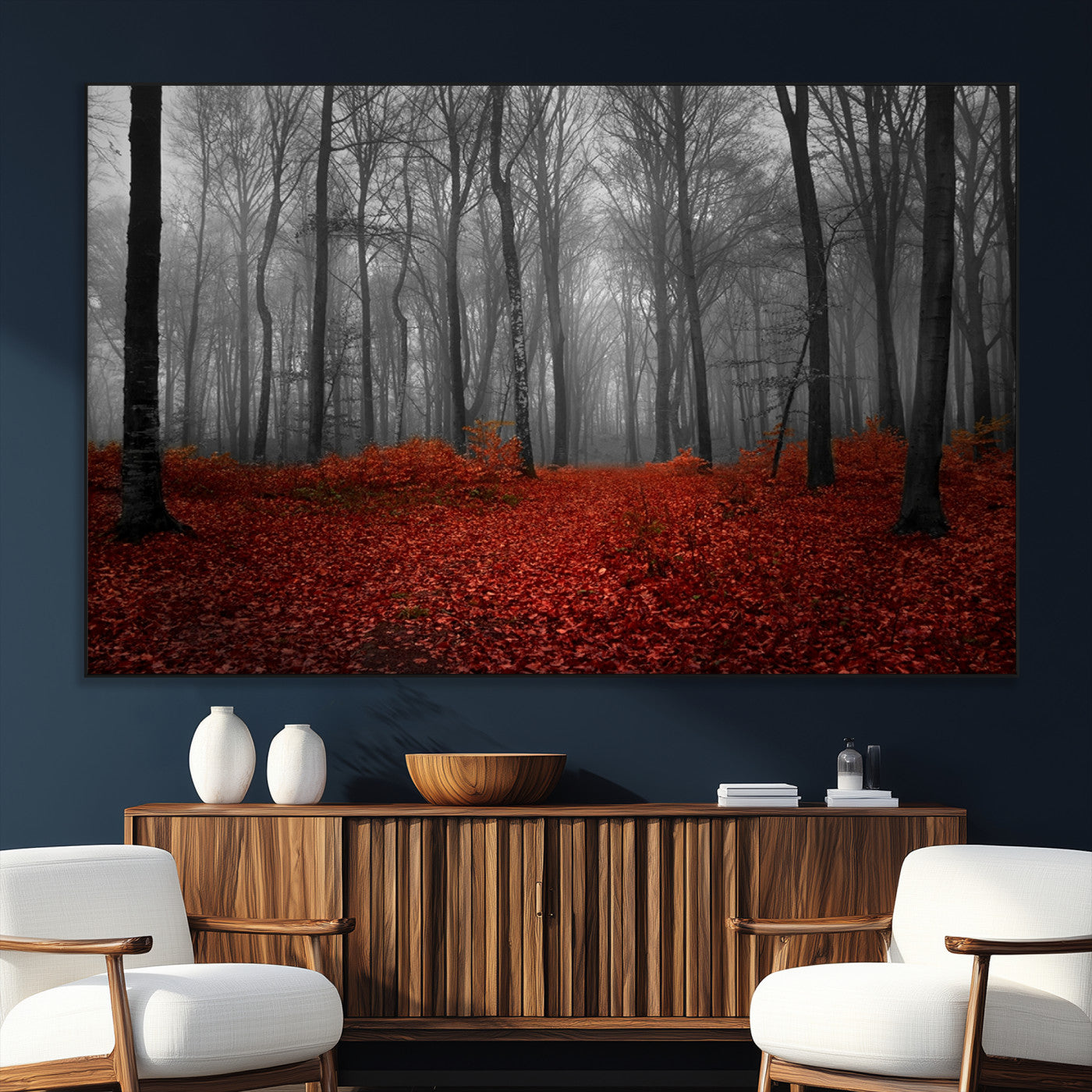 Red Forest Floor Canvas Wall Art – Mystical Foggy Woodland
