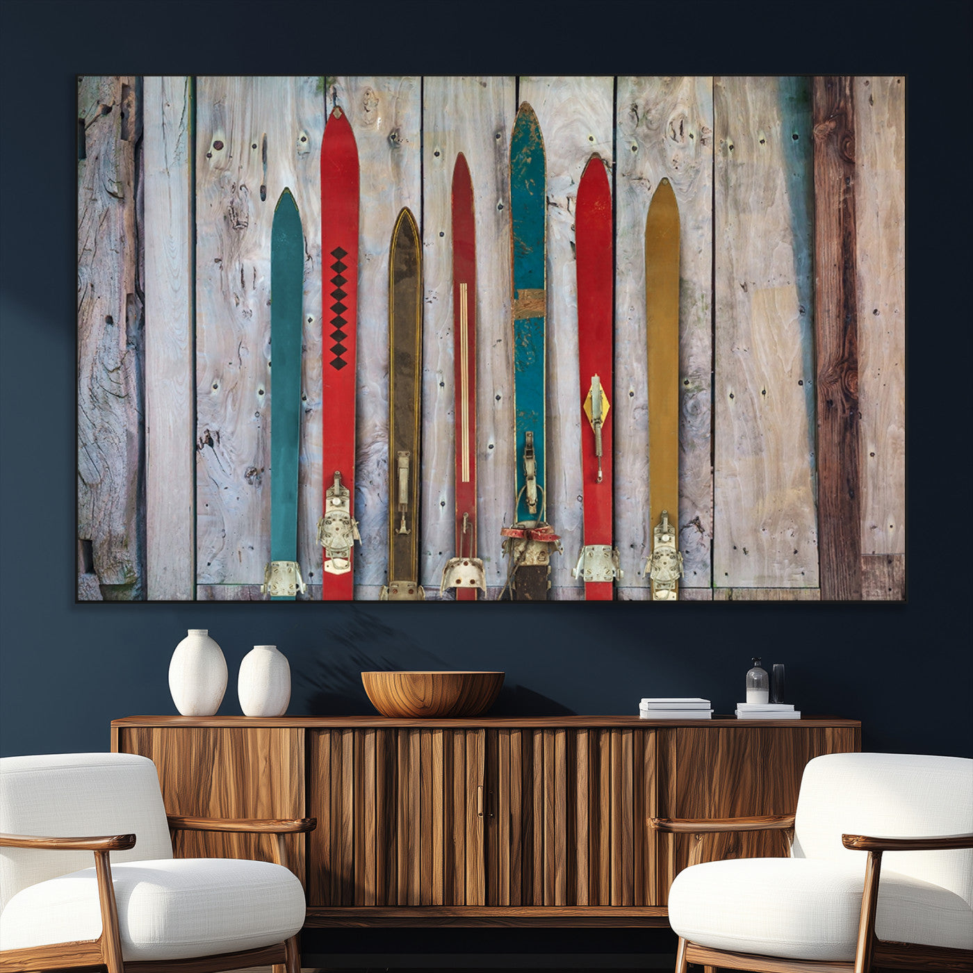 Vintage Wooden Weathered Ski's in Front of an Old Barn Wall