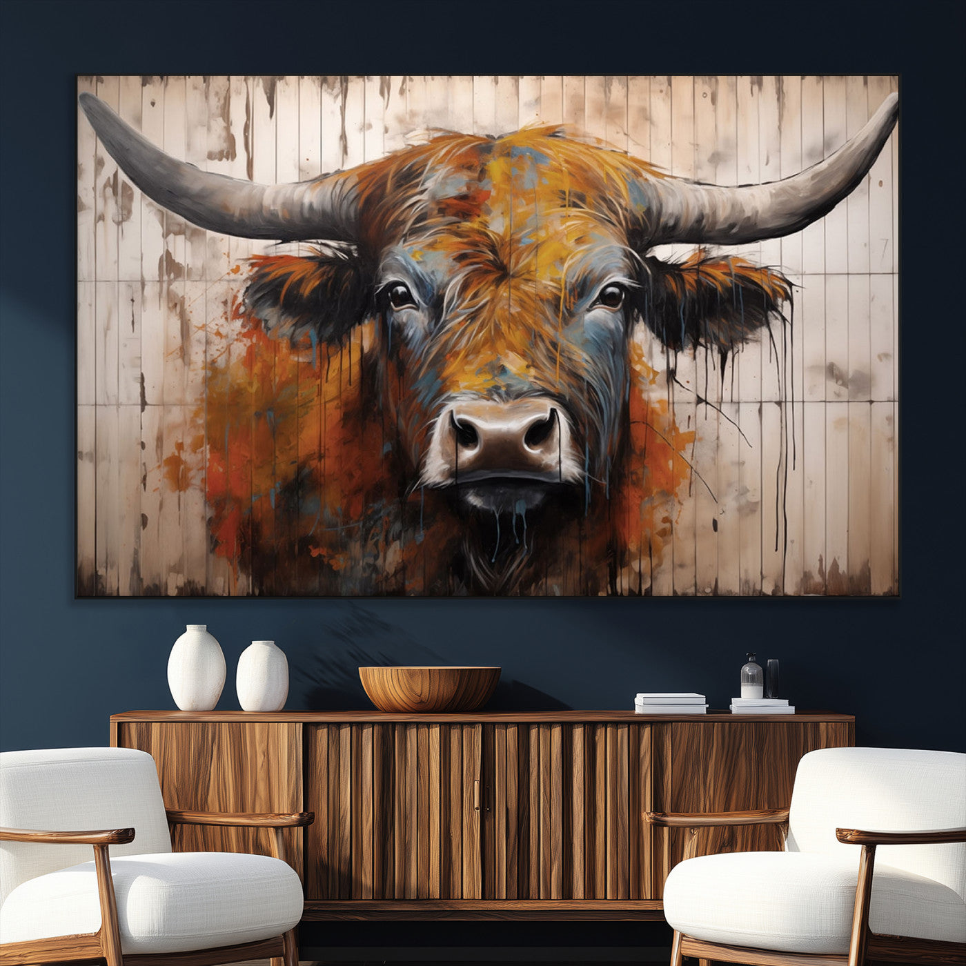 Scottish Highland Cow Cattle Art Print on Wood Style