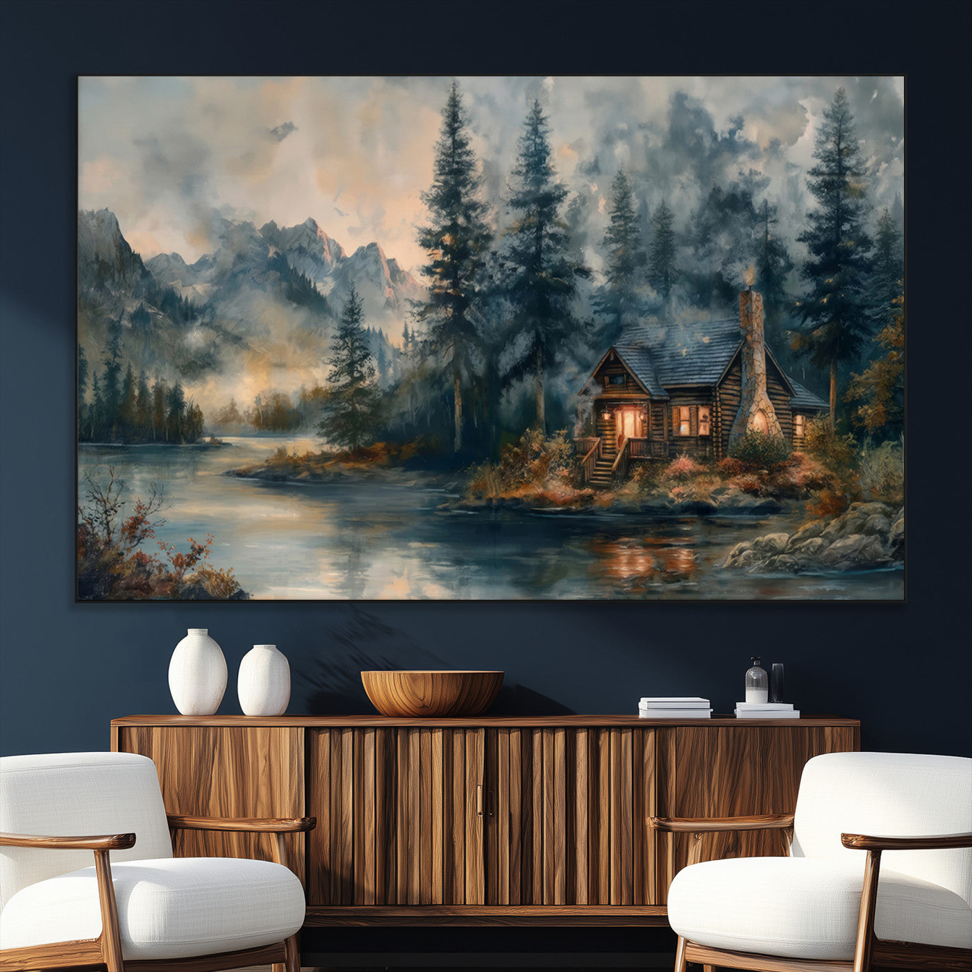 Rustic Cabin Woods Wall Art Print | Lake in a Forest Canvas