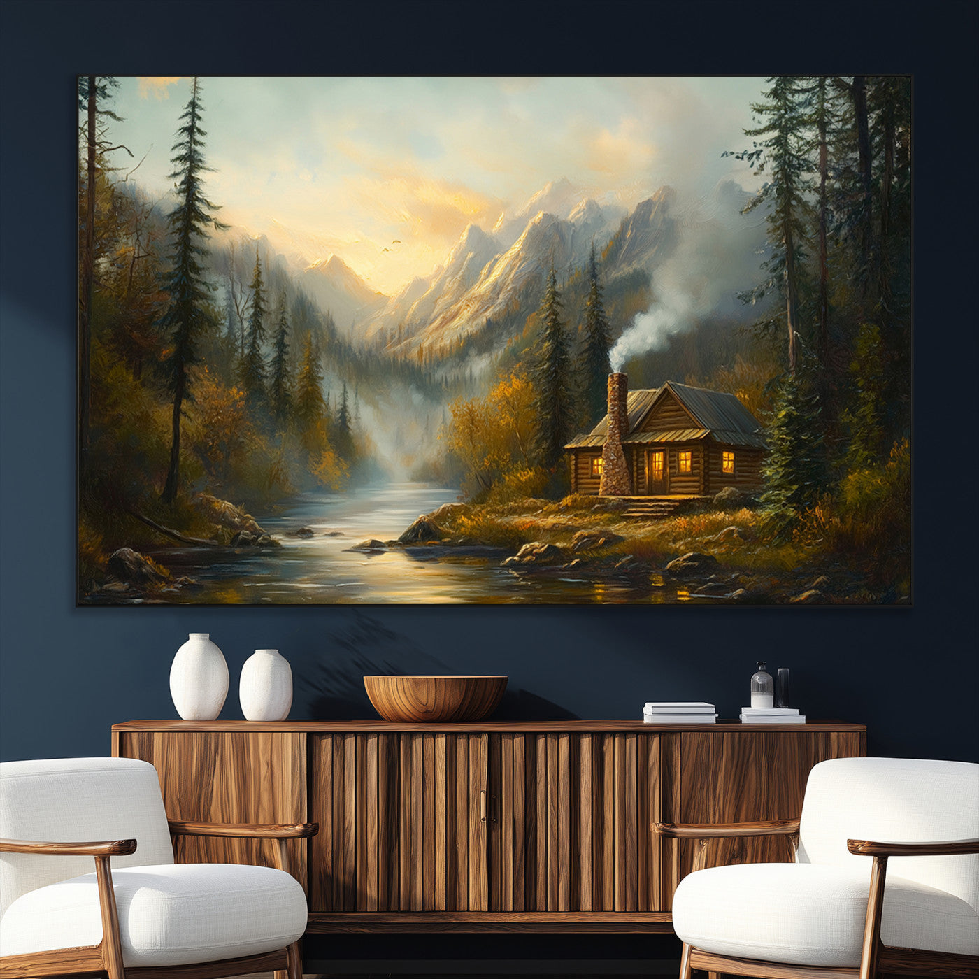 Wood Cabin Retreat Mountain at Sunset Wall Art Print -