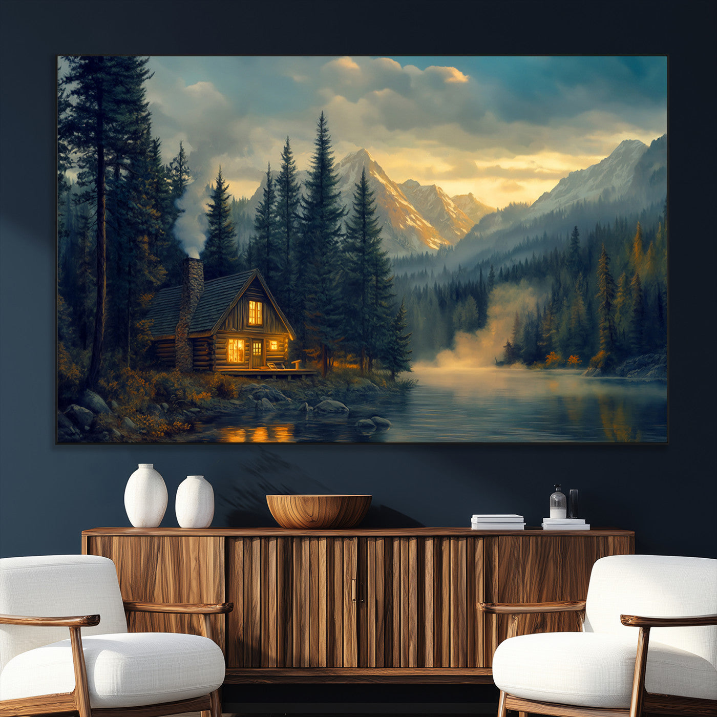 Mountain Cabin by the Lake at Sunset Wall Art - Serene