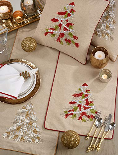 Beaded Christmas Tree Cotton Table Runner 16 x 72 Inch, seasonal table decor for holiday gatherings