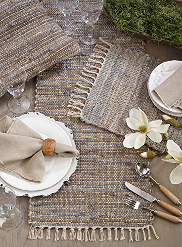 Chindi Cotton Jute Table Runner with Fringe 16 x 72 Inch - Blue-Grey Table Cover for Home, Dining Room, Banquets, Family Gathering and Special Occasion