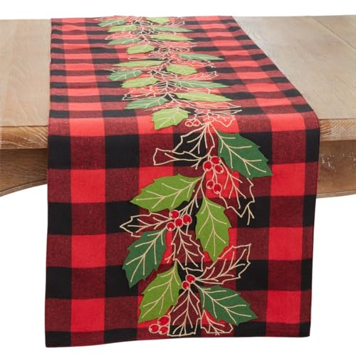 Buffalo Plaid Holly Leaves Red Table Runner 16" W x 70" L — table decor for gatherings holidays and entertaining