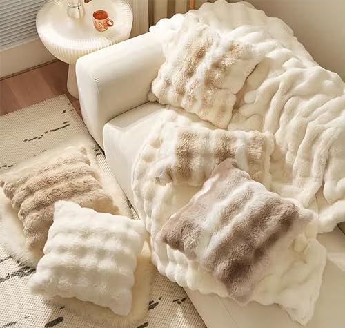 Luxury Faux Fur Decorative Filled Throw Pillow 18" W x 18" L – Ivory Plush Fluffy Cushion for Couch, Bedroom, Living Room and Office Décor