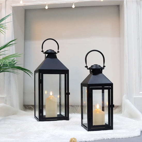 Set of 2 -17.5"&13.5"High Metal Candle Lanterns(Black)