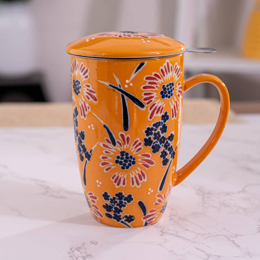 Yellow Flower Tea Mug with Lid & Infuser – 15 fl.oz. Porcelain Mug in Gift Box