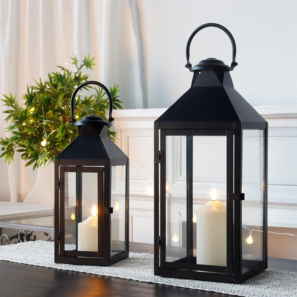 Set of 2 -17.5"&13.5"High Metal Candle Lanterns(Black)