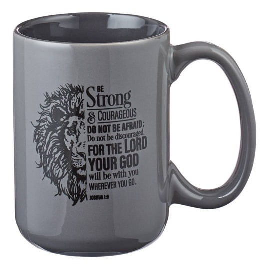 Mug Gray Lion Be Strong Josh. 1:9