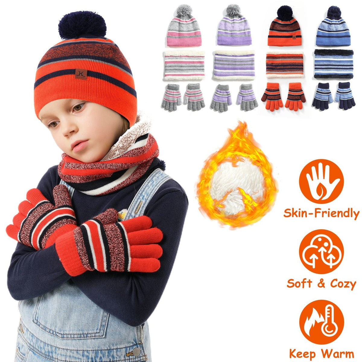 Winter Kids Knitted Hat Scarf Gloves 3Pcs Boys Girls Winter Warm Beanie Hat and Glove Scarf Set Beanie Neck Warmer Mittens for 4-7-Year-Old Kids