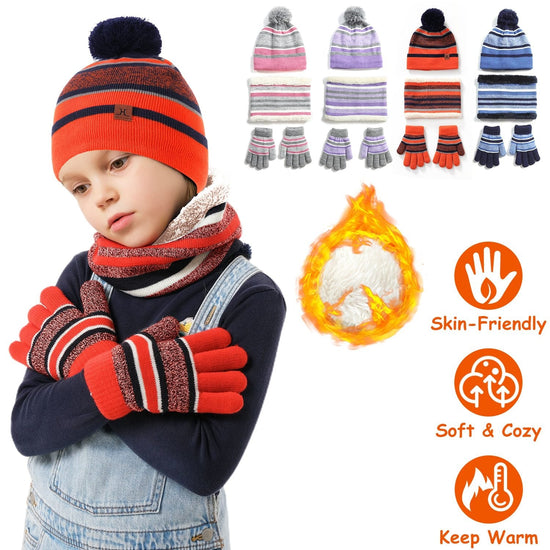 Winter Kids Knitted Hat Scarf Gloves 3Pcs Boys Girls Winter Warm Beanie Hat and Glove Scarf Set Beanie Neck Warmer Mittens for 4-7-Year-Old Kids