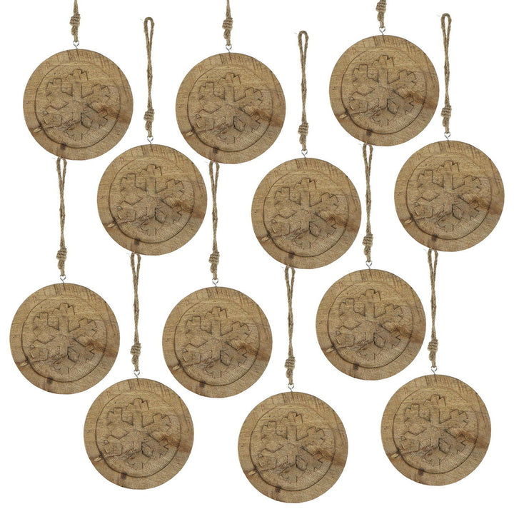 Wooden Hanging Circle With Snowflake Cut Decorative Hanging Christmas Tree Ornaments For Holiday Party Decorations (Set of 12), Christmas ornament for festiv...