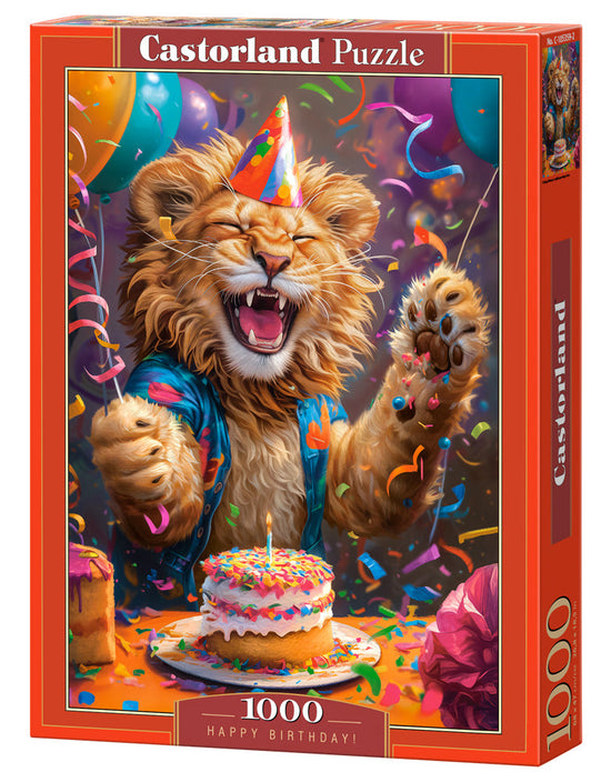 1000 Piece Jigsaw Puzzle, Happy Birthday!, Joyful lion, Party scene, Funny and humorous scene of animal, Adult Puzzle, Castorland C-105359-2