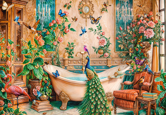 1000 Piece Jigsaw Puzzle, The Bath Fantasy, Luxurious bathroom, Peacock and exotic birds, Ornate, vibrant art., Adult Puzzle, Castorland C-105380-2