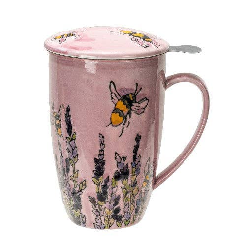Spring Honeybee Tea Mug with Lid & Infuser – 15 fl.oz. Porcelain Cup in Gift Box