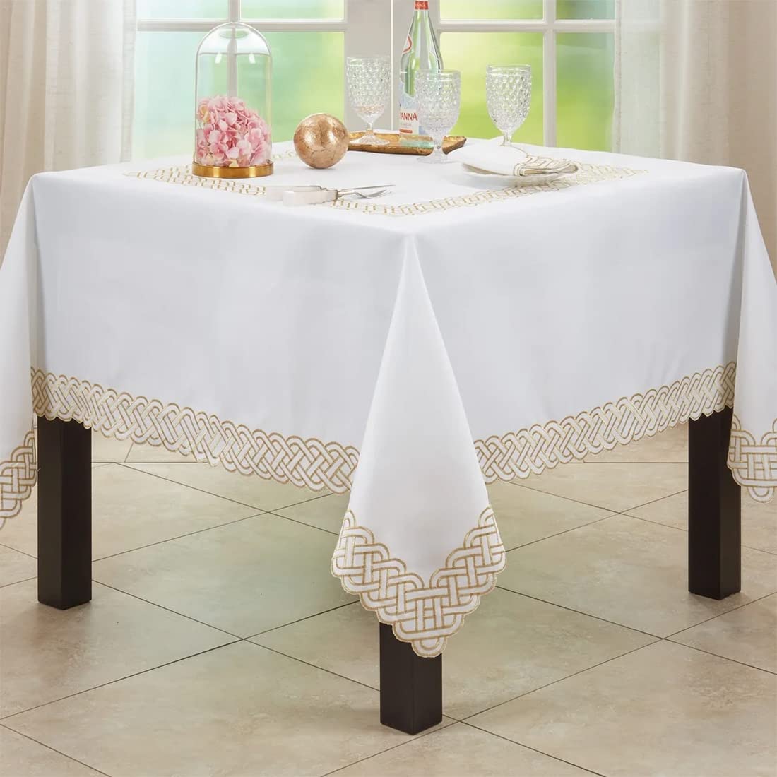 Fennco Styles Braid Emroidered Metallic Border Table Runner 16" W x 54" L - Silver Table Cover for Home Décor, Everyday Use, Christmas, Banquets and Special Events