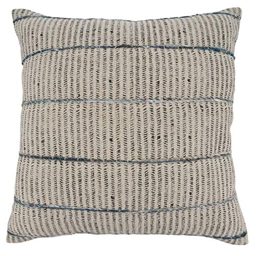 Fennco Styles Embroidered Block Print Cotton Decorative Throw Pillow 20" W x 20" L - Blue Cushion for Christmas, Holiday, Home, Couch, Living Room and Office Décor