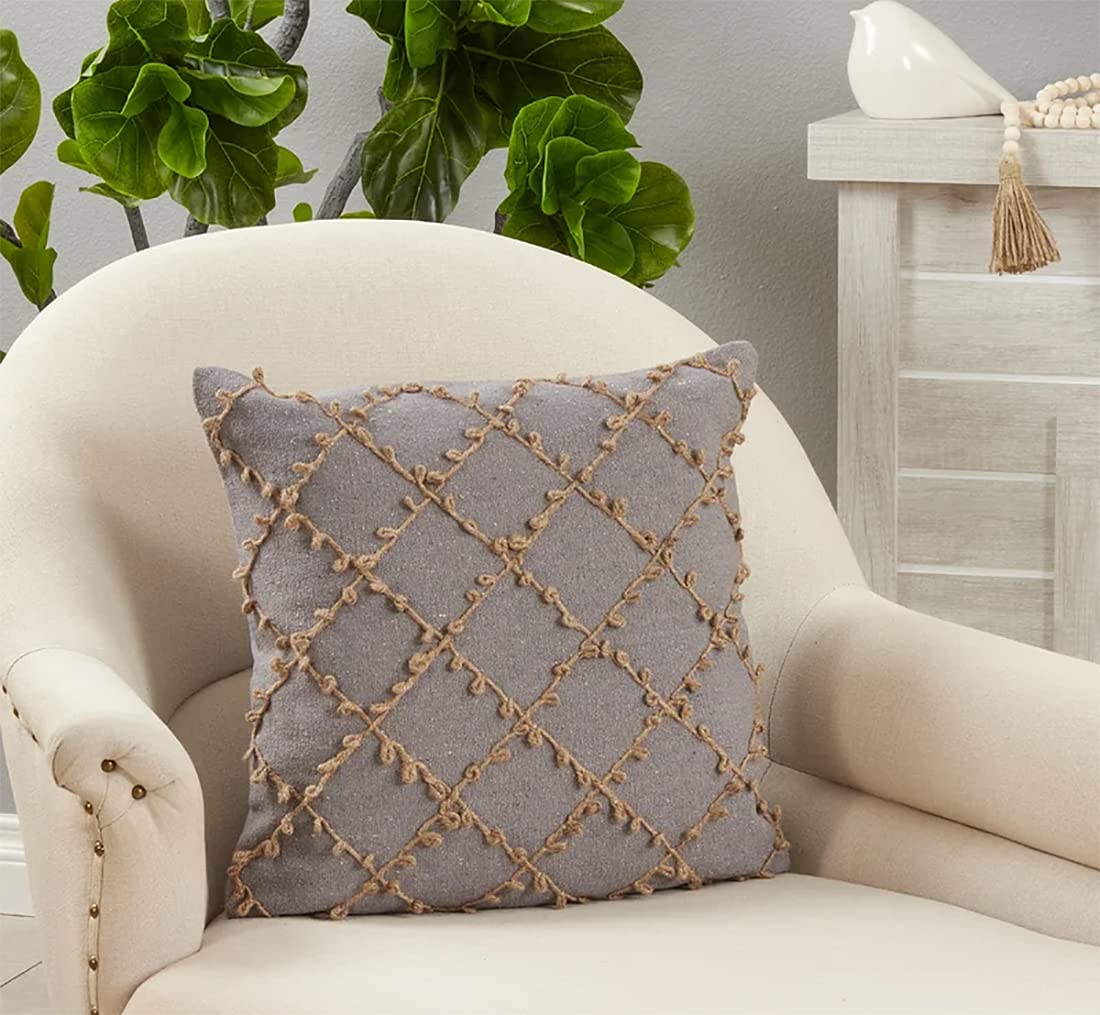 Fennco Styles Dori Embroidered Diamond Cotton Decorative Throw Pillow 18" W x 18" L - Grey Textured Accent Cushion for Home, Couch, Living Room and Office Décor