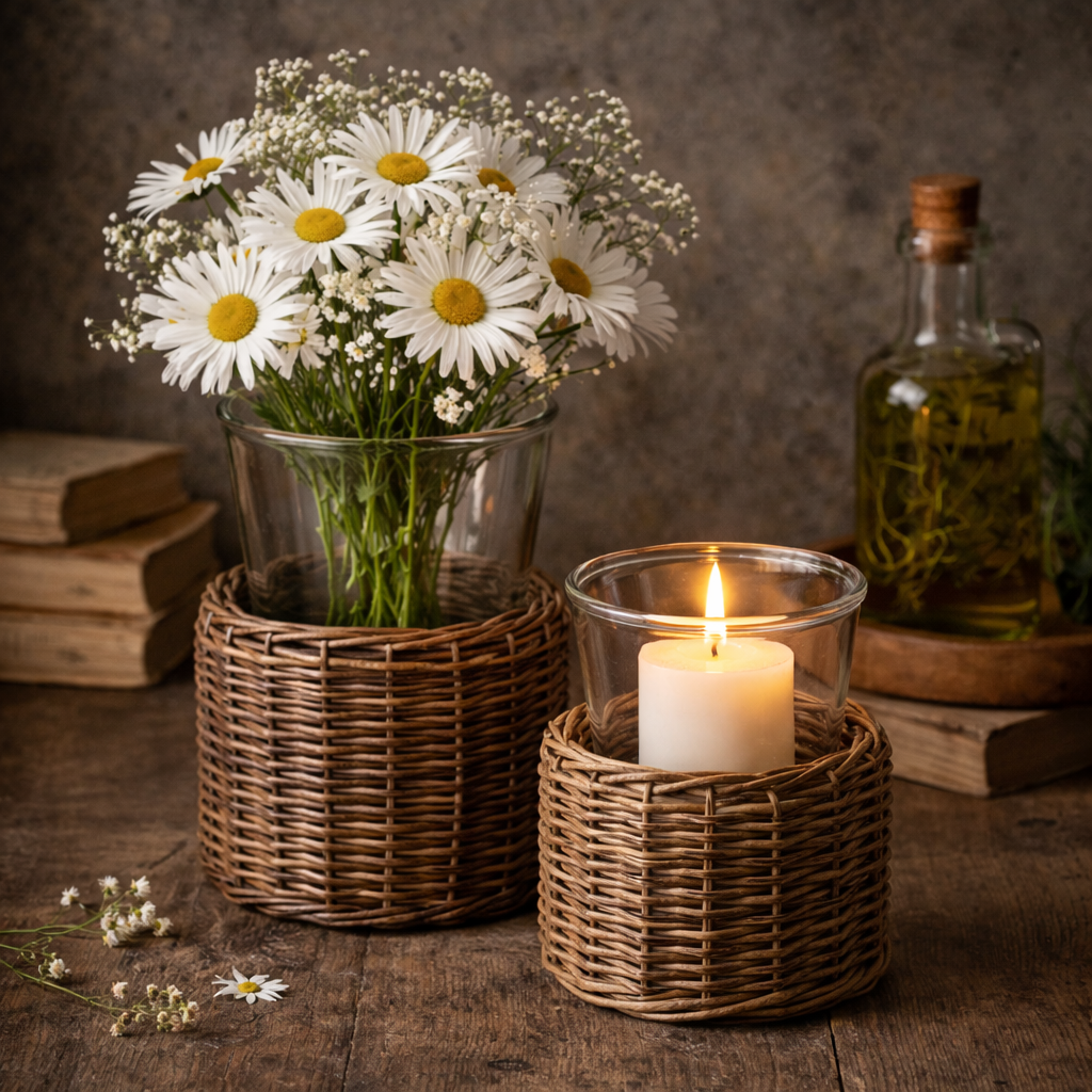 Woven Willow Glass Hurricane Holder