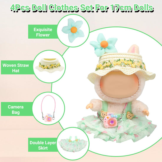 4 Piece Doll Clothes Set for 15cm-17cm Dolls - Outfit with Overalls Hat & Bag