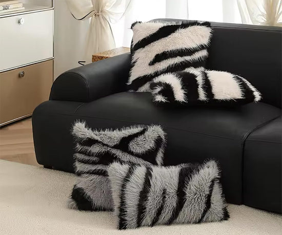 Zebra Stripe Faux Fur Animal Design Decorative Throw Pillow Cover 18" W x 18" L – Grey Plush Cushion Case for Couch, Bedroom, Living Room and Office Décor