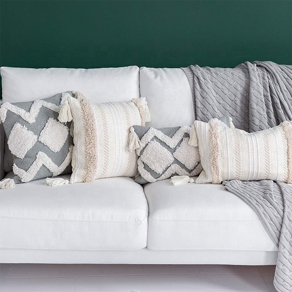 Fennco Styles Handmade Tufted Woven Tassel Decorative Throw Pillow Cover 20" W x 20" L - White Boho Cushion Case for Home, Couch, Living Room, Bedroom, Office Décor