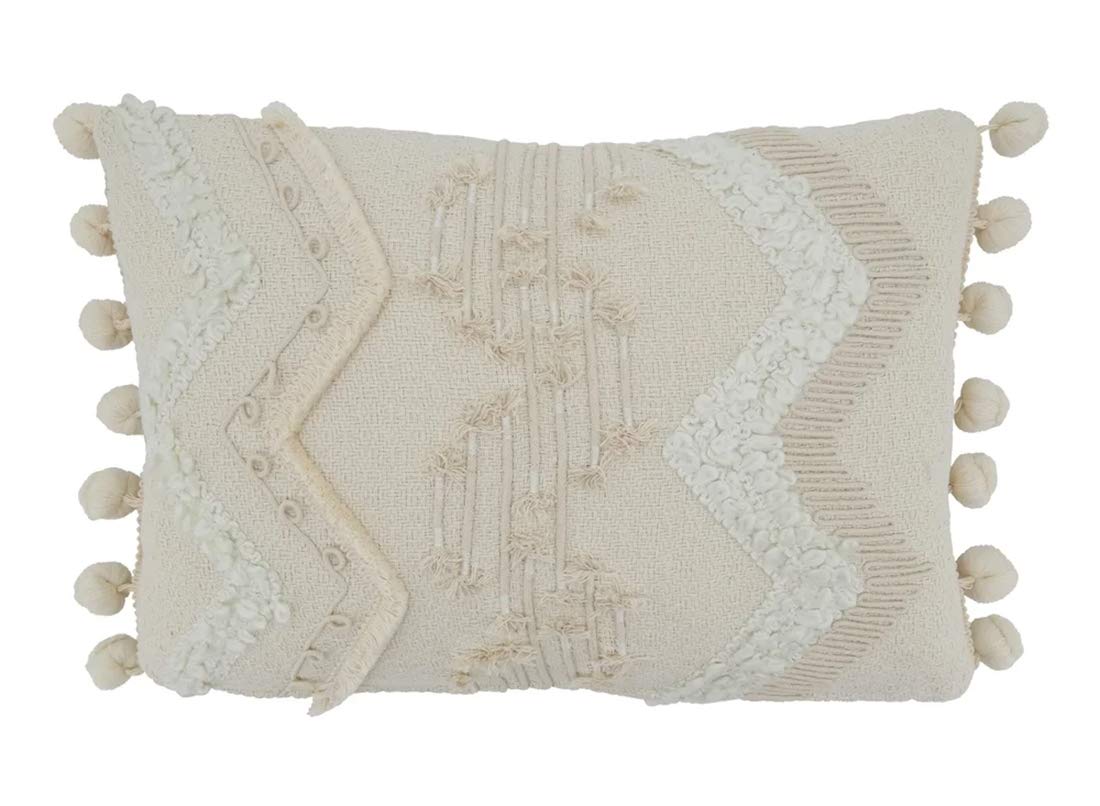 Fennco Styles Delicate Cord Pom Pom Applique Cotton Decorative Throw Pillow Cover & Insert 12 x 18 Inch - Ivory Accent Cushion for Home, Couch, Living Room and Everyday Décor