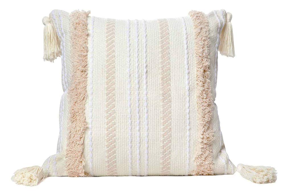Fennco Styles Handmade Tufted Woven Tassel Decorative Throw Pillow Cover 20" W x 20" L - White Boho Cushion Case for Home, Couch, Living Room, Bedroom, Office Décor