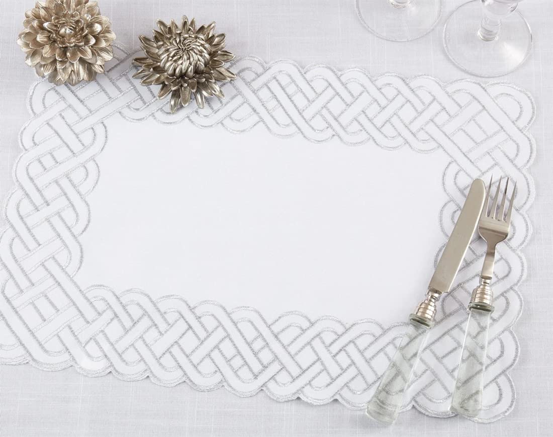 Fennco Styles Braid Emroidered Metallic Border Table Runner 16" W x 54" L - Silver Table Cover for Home Décor, Everyday Use, Christmas, Banquets and Special Events
