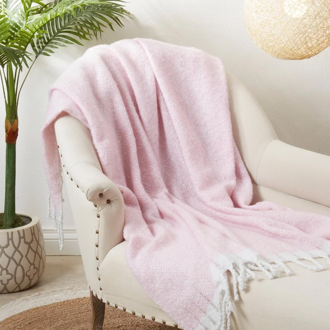 Faux Mohair Herringbone Throw Blanket 50" W x 60" L – Natural Cozy Fringe Blanket for Home, Couch, Bedroom, Living Room, Office, and Holiday Décor